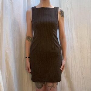 Brown Pinstripe Square Neckline Sleeveless Dress VTG 90s